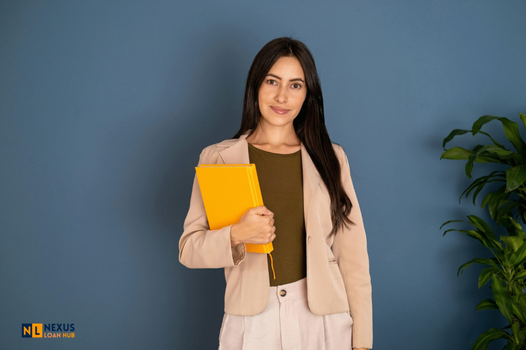 Professional woman holding folder explaining loan legal information and collection practices